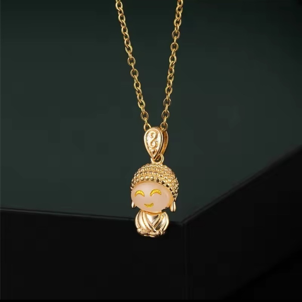 18K Gold Bohemian Buddha Pendant With Natural White Jade Face Necklace